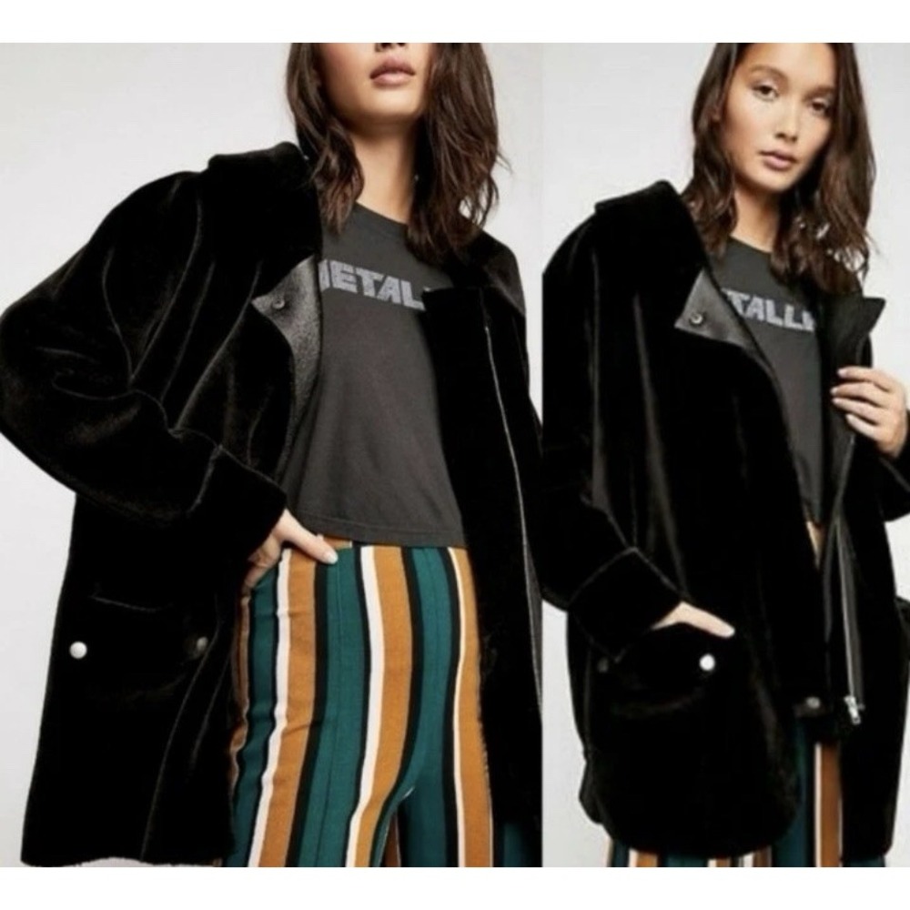 Free People Lindsay Black Faux Fur Sherpa Coat Oversized Silhouette‎ Size L Cozy